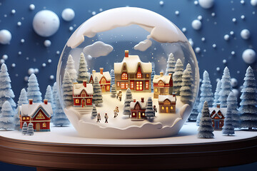 Christmas banner with snow globe. Winter village. Merry Christmas and Happy New Year. 3d illustration.