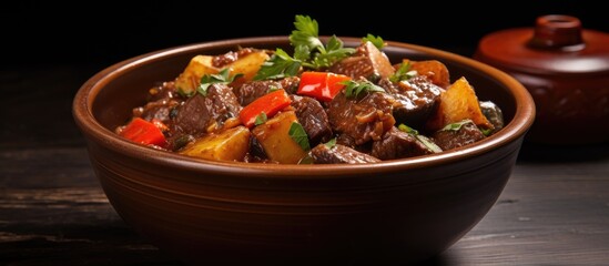 Selective focus enhances the visual appeal of a bowl of beef and vegetable stew