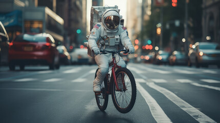 astronaut riding a bicycle in the city