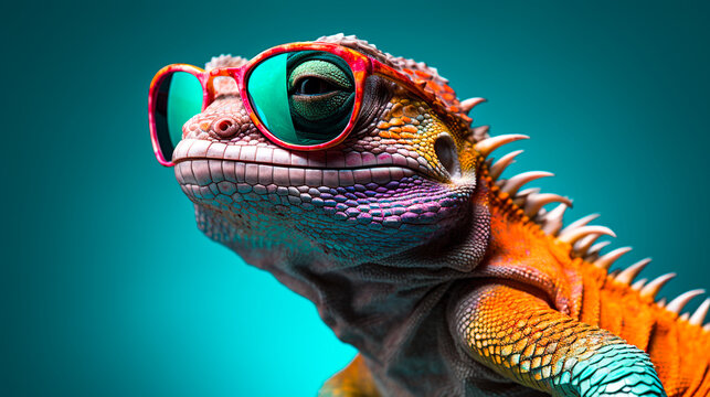 close up of a lizard,Stylish chameleon wearing sunglasses
