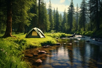 Calm tent on serene forest meadow beside tranquil stream. Generative AI - obrazy, fototapety, plakaty