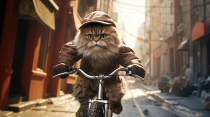 cat riding a bicycle in the city