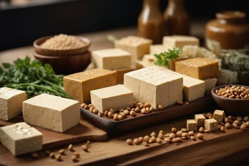 Fototapeta na wymiar Tofu and soybeans on brown plate on wooden table