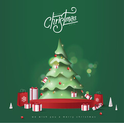 Merry Christmas banner product display cylindrical shape with copy space and gift box decorate christmas tree background
