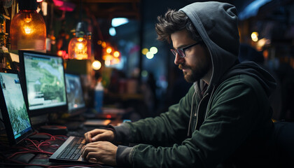 A young man working late, typing on his computer generated by AI