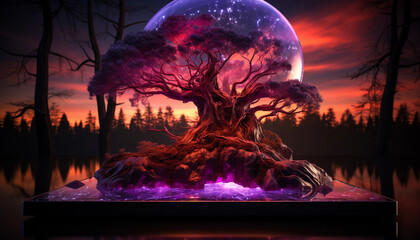 Glowing underwater landscape mysterious night sky reflects on deep blue water generated by AI