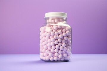 Jar of chewing gums on purple background, arranged horizontally. Generative AI
