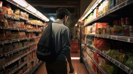 Man standing in a grocery store aisle, attentively looking at food products and engaging in shopping, representing the everyday experience of selecting items in a supermarket.