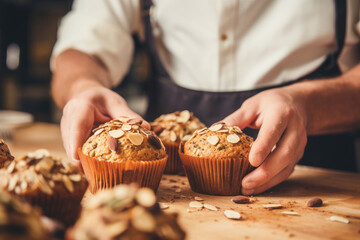 Close-up of a chef with freshly baked muffins on wooden table