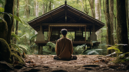 禅の森: 仏教徒が森で瞑想する優雅なイラスト, AI Generative - obrazy, fototapety, plakaty