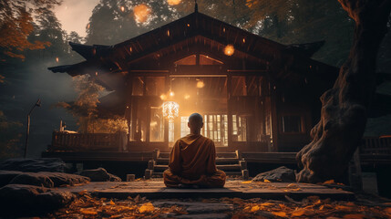 Serenity Unveiled: Buddha's Wisdom in Woods Meditation Amid Nature's Tranquility, AI Generated - obrazy, fototapety, plakaty