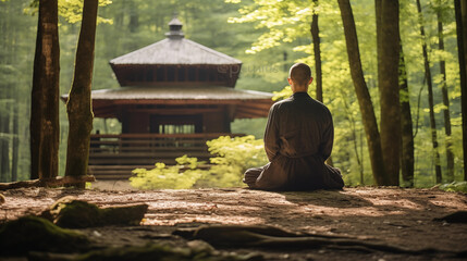 Nature's Zen: Meditative Bliss and Buddha's Insight Among Whispering Woods, AI Generated - obrazy, fototapety, plakaty