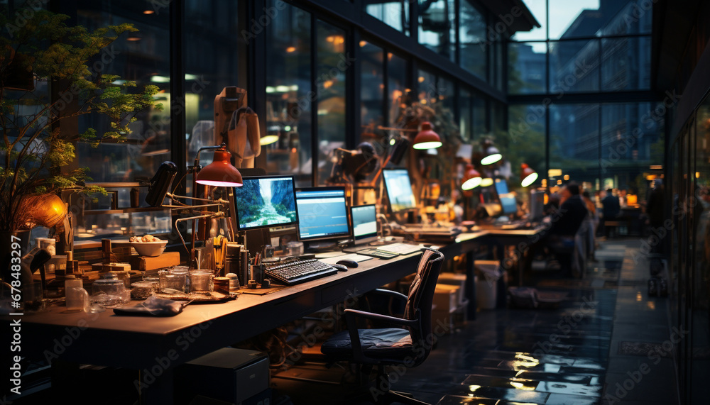 Poster modern office with illuminated computer monitor and laptop on desk generated by ai