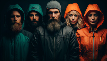 Fototapeta premium A group of men and women, serious and confident, looking at the camera in a dark studio shot, wearing hooded clothing generated by AI