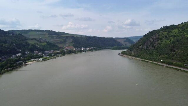 Bacharach Town and riverside villages along winding Rhine river gorge, Germany