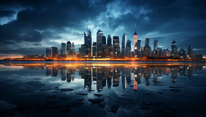 Famous skyline illuminates modern city, reflecting in waterfront twilight generated by AI - obrazy, fototapety, plakaty