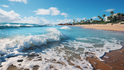 Fototapeta na wymiar Tropical climate, blue wave, sandy coastline, tranquil seascape, palm tree generated by AI