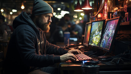 A young man, working indoors, illuminated by computer monitor generated by AI