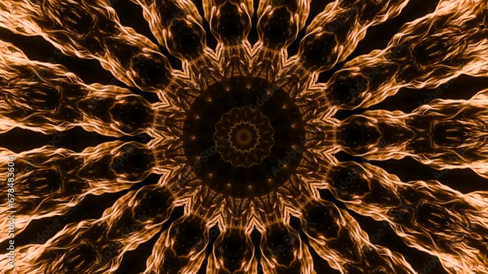 Poster kaleidoscopic pattern looking like sun with spreading rays. animation. symmetrical pattern with ener