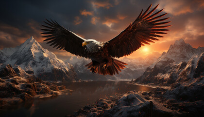 Bald eagle soars majestically over snowy mountain peaks at dawn generated by AI - obrazy, fototapety, plakaty