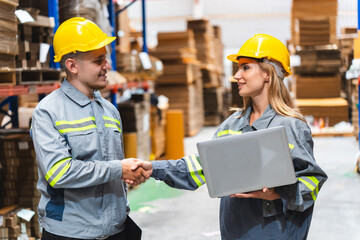 engineer and manager foreman person team meeting and handshake for occupation deal agreements to success, industry warehouse man teamwork, factory work for employee job of business partnership concept