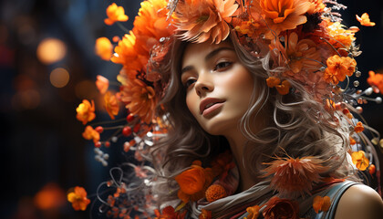 Fototapeta premium Young woman smiling, looking at camera, surrounded by autumn leaves generated by AI
