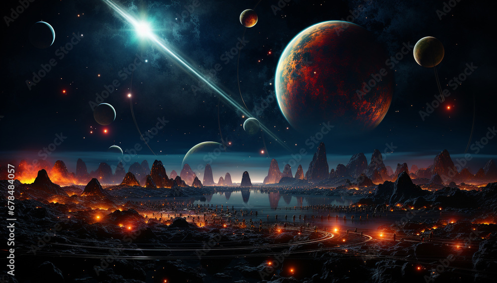 Poster astronaut explores mysterious galaxy, illuminated by glowing star field generated by ai