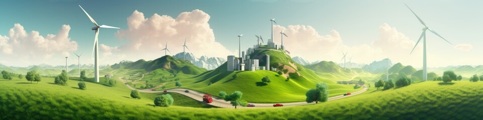 Banner image showcasing a green city village utilizing wind turbines and various renewable resources, symbolizing sustainability, eco-friendly living, and the integration of clean energy solutions int - obrazy, fototapety, plakaty