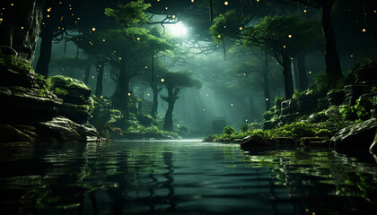 Tranquil scene mysterious night, dark fog, spooky tropical rainforest generated by AI