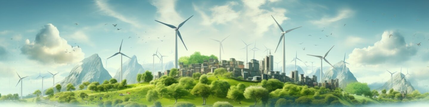 Banner image showcasing a green city village utilizing wind turbines and various renewable resources, symbolizing sustainability, eco-friendly living, and the integration of clean energy solutions int