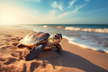 Photo of a turtle tortoise on the beach. The turtle is walking on the sandy shore in the morning or afternoon, with a beautiful beach background.