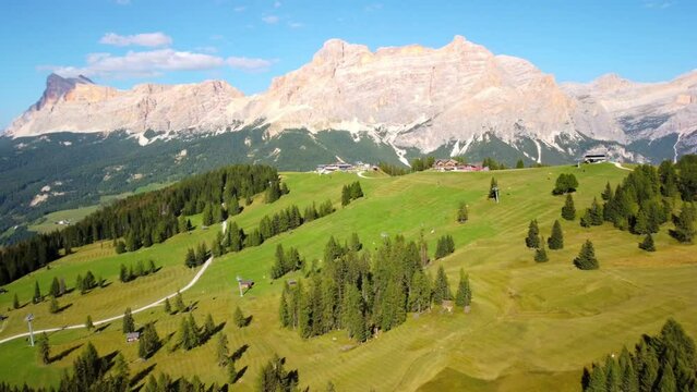 Pralongia Cable Car Station Overlooking Dolomites Mountain Range In Northeastern Italy. Aerial Drone Shot