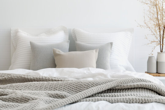 Close up of pillows and bed in background of cosy modern bedroom. The mockup concept of sleek and minimalist.