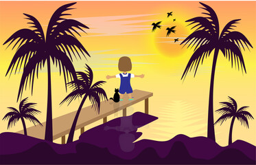 Girl and cat on the beach at sunset. Vector illustration in flat style.
