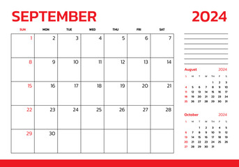 September 2024 Calendar. Week start on Sunday. Desk calendar 2024 design, simple and clean design,...