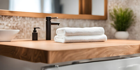 Wooden tabletop counter with a towel. out of focus bathroom. copy space