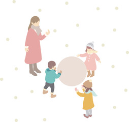 アイソメトリック　冬　雪　遊び　家族　ファミリー　キッズ　人物　男性　女性　子供　イラスト素材
