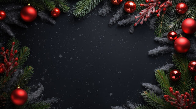 Moon-looking photo of the top of the Christmas background decoration with pine branches with balls with snow white black walls.