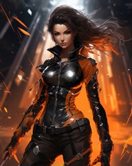 Portrait of beautiful epic warrior woman in black cyber suit AI
