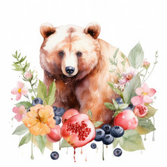 Fototapeta premium Bear flower and fruits Illustration, Generative Ai