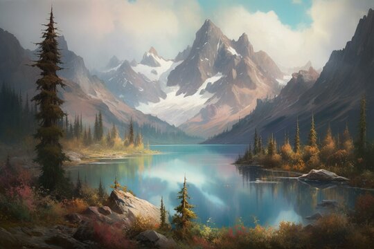 painting showing serene lake and majestic mountains. Generative AI