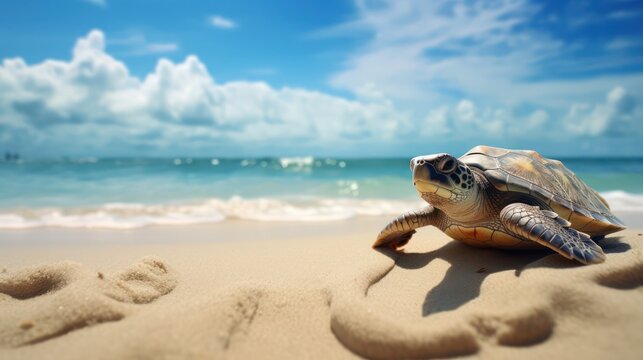 A captivating photograph featuring a turtle leisurely walking on the beach, with the beautiful coastal scenery in the background.