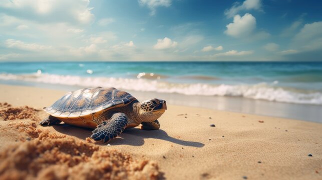 An amazing image capturing a turtle strolling along the sandy beach, set against the backdrop of a stunning seaside.
