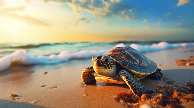 An amazing image capturing a turtle tortoise strolling along the sandy beach, set against the backdrop of a stunning seaside.