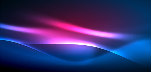 Dynamic waves in ethereal glow of neon lights. Concept merges fluidity of motion with vibrant allure of neon, crafting entrancing backdrop that embodies both vitality and futuristic sophistication
