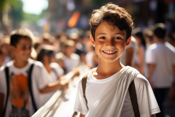 Joyous boy in traditional toga participating in a festive event, his bright smile capturing the spirit of celebration.
 - obrazy, fototapety, plakaty