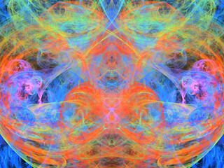 Composición de arte digital fractal consistente en trazos delicados con colores velados en un conjunto simétrico que parece mostrar vientos huracanados transportando partículas estelares.