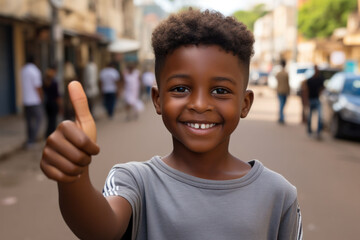 Cheerful boy giving a thumbs up on a vibrant city street, his bright expression exuding confidence and approval.
