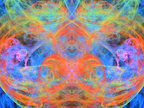 Composici&oacute;n de arte digital fractal consistente en trazos delicados con colores velados en un conjunto sim&eacute;trico que parece mostrar vientos huracanados transportando part&iacute;culas estelares.