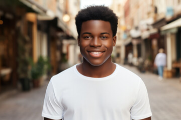 Fototapeta premium Smiling young man in a white shirt on a lively street, exuding confidence and friendliness. 